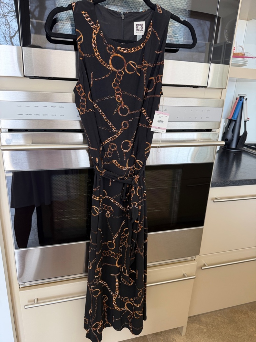 Anne Klein Black Dress with Gold Chain Print